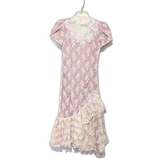 80s Pink Satin Beaded Lace Prom Dress Vintage Tulip Sleeve Victorian S B34 Dress - Picture 1 of 6